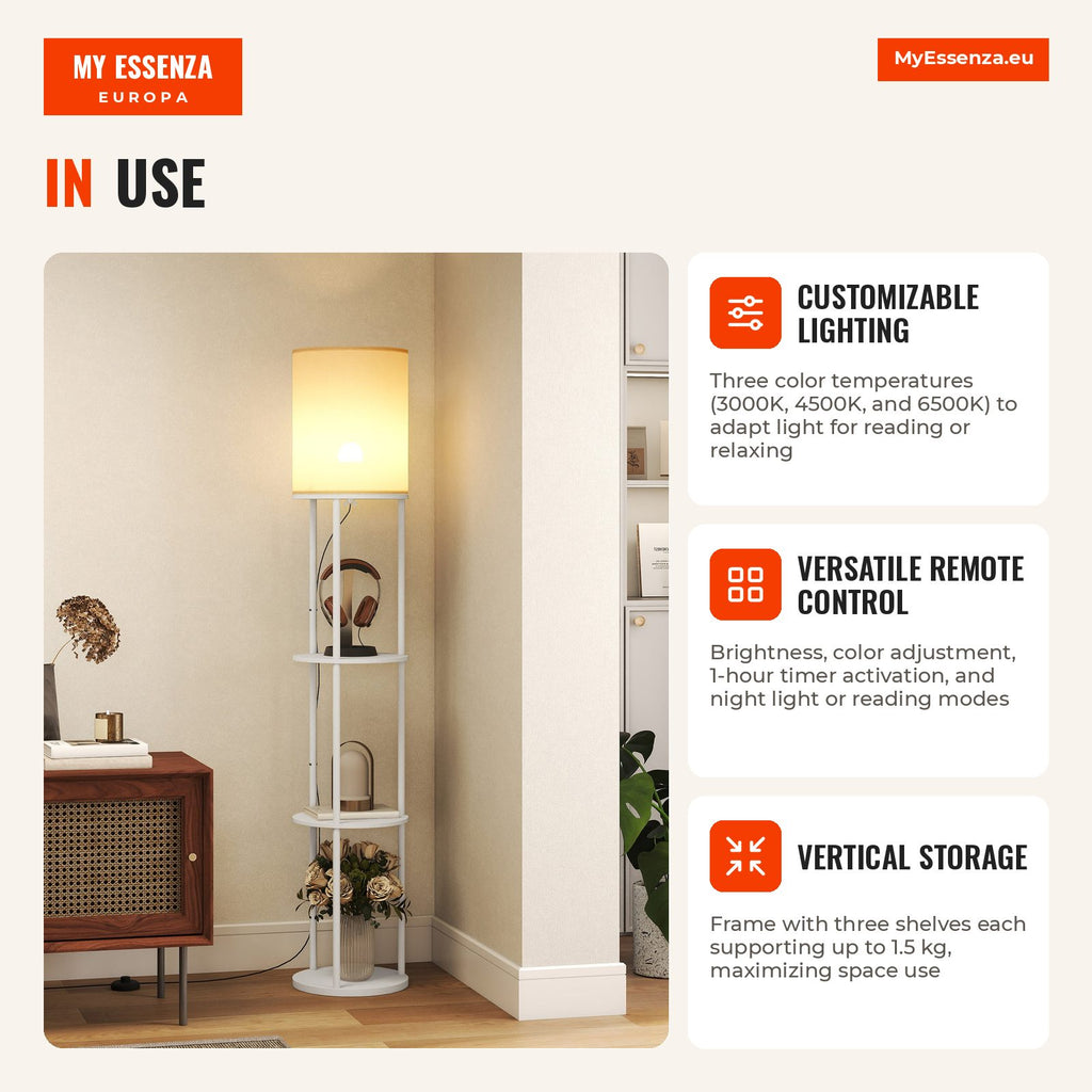Floor Lamp with Shelves Lamp with 3 Color Temperatures Remote Control E27 Socket for Living Room Bedroom Office Ø29x158  — Infografia EN (em utilização)