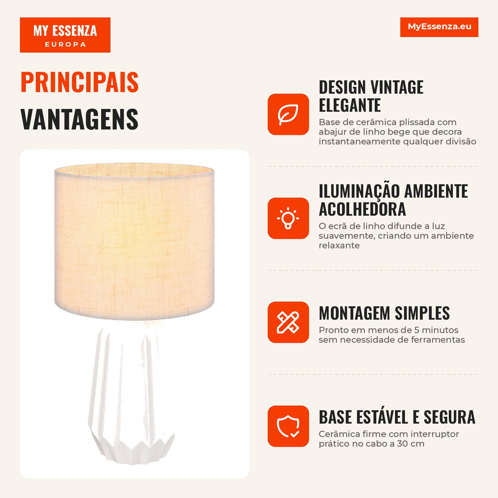 Table Lamp with Ceramic Base and Linen Shade | HOMCOM — Infografia PT (vantagens)