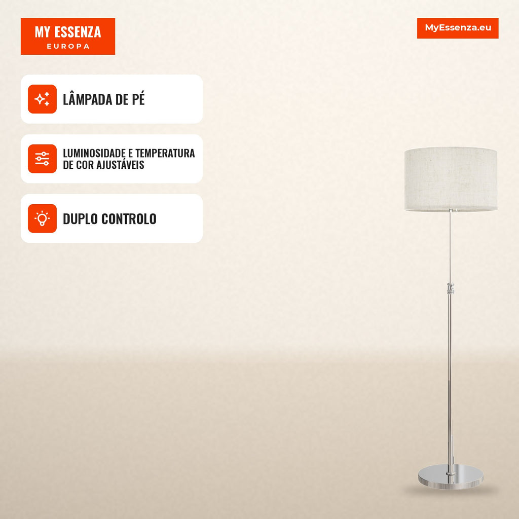 Candeeiro de Pé com Telecomando e Luminosidade Ajustável 3000K-6000K com Abajur em Tecido Prata — Infografia PT (em uso)