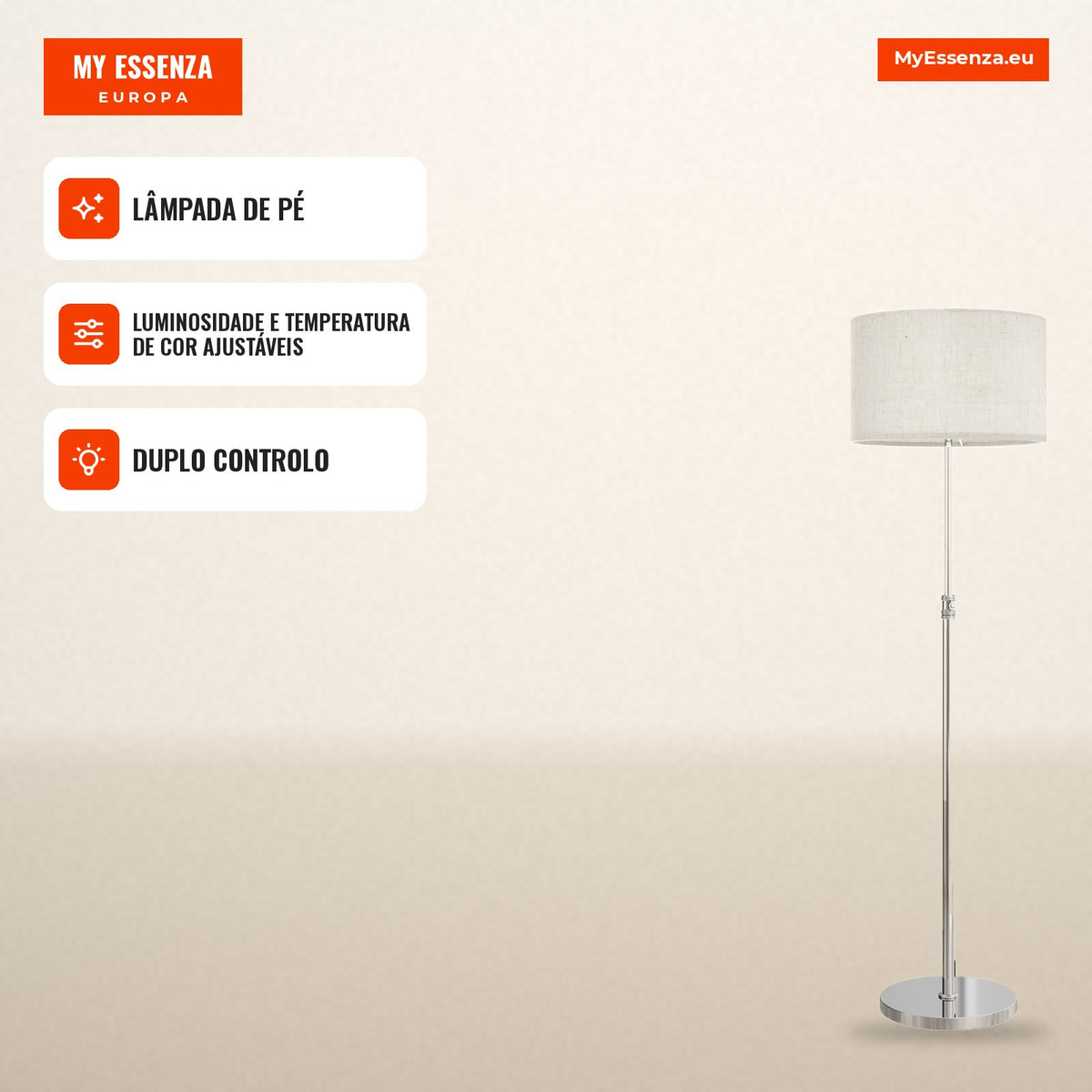 Candeeiro de Pé com Telecomando e Luminosidade Ajustável 3000K-6000K com Abajur em Tecido Prata — Infografia PT (em uso)
