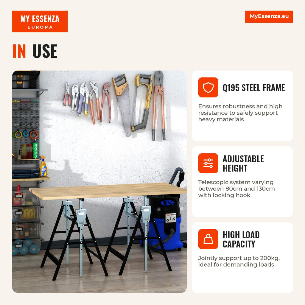 Set of 2 Foldable Telescopic Adjustable Height Steel Saw Horses for Workbench Load 200kg 68x58x80-130cm Black — Infografia EN (em utilização)