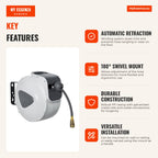 Automatic Compressed Air Hose Reel 20 m 1/4'' BSP Connector 180° Swivel Wall Mount DURHAND — Infografia EN (vantagens)