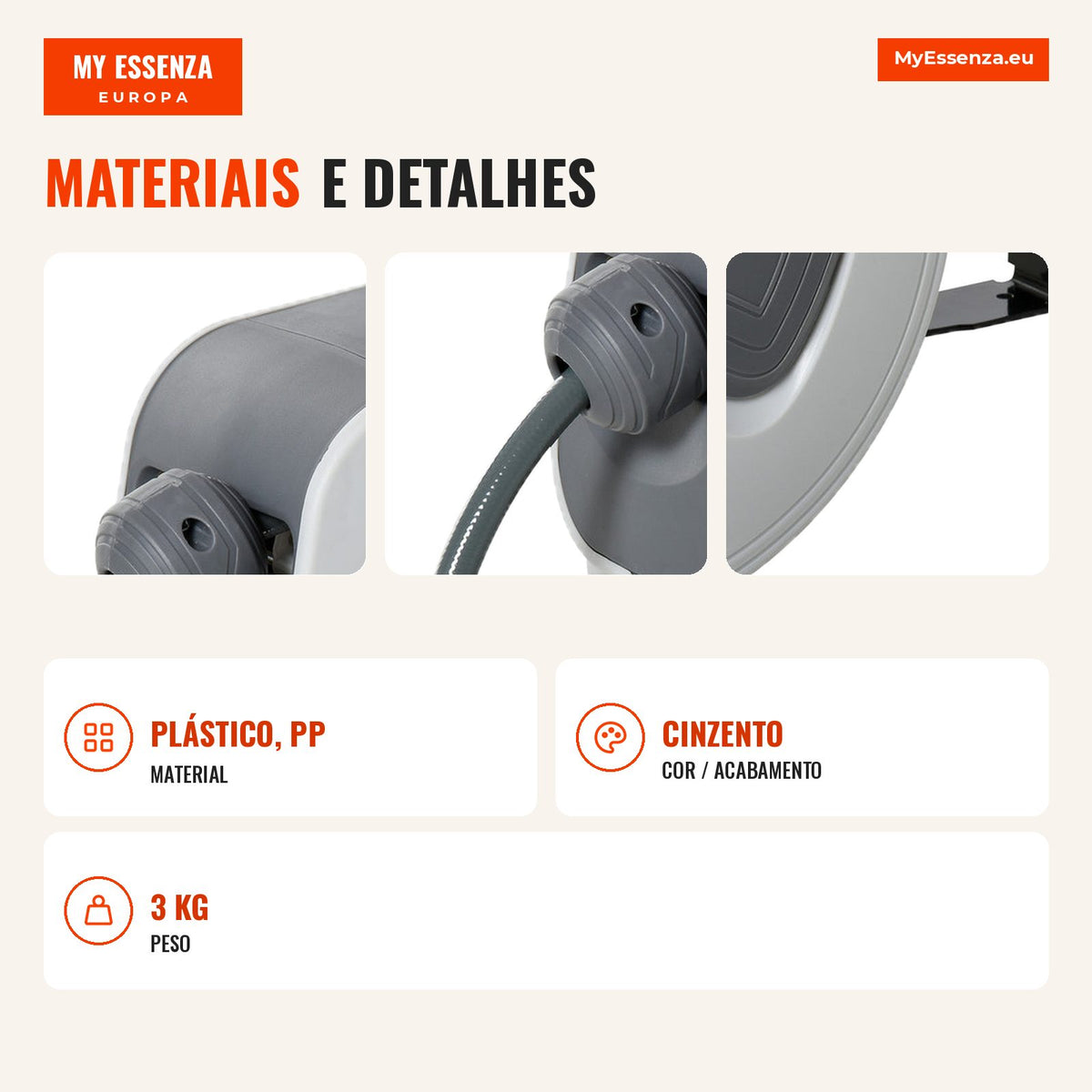 Enrolador de Mangueira de Ar Comprimido Automático de 10 m Conector de 1/4'' BSP com Suporte Giratório de Parede 180° Di — Infografia PT (materiais e detalhes)