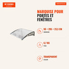 Marquise pour Portes et Fenêtres 295x90 cm Marquise avec Protection Contre le Soleil et la Pluie avec Panneaux en Polyca — Infografia FR (medidas)
