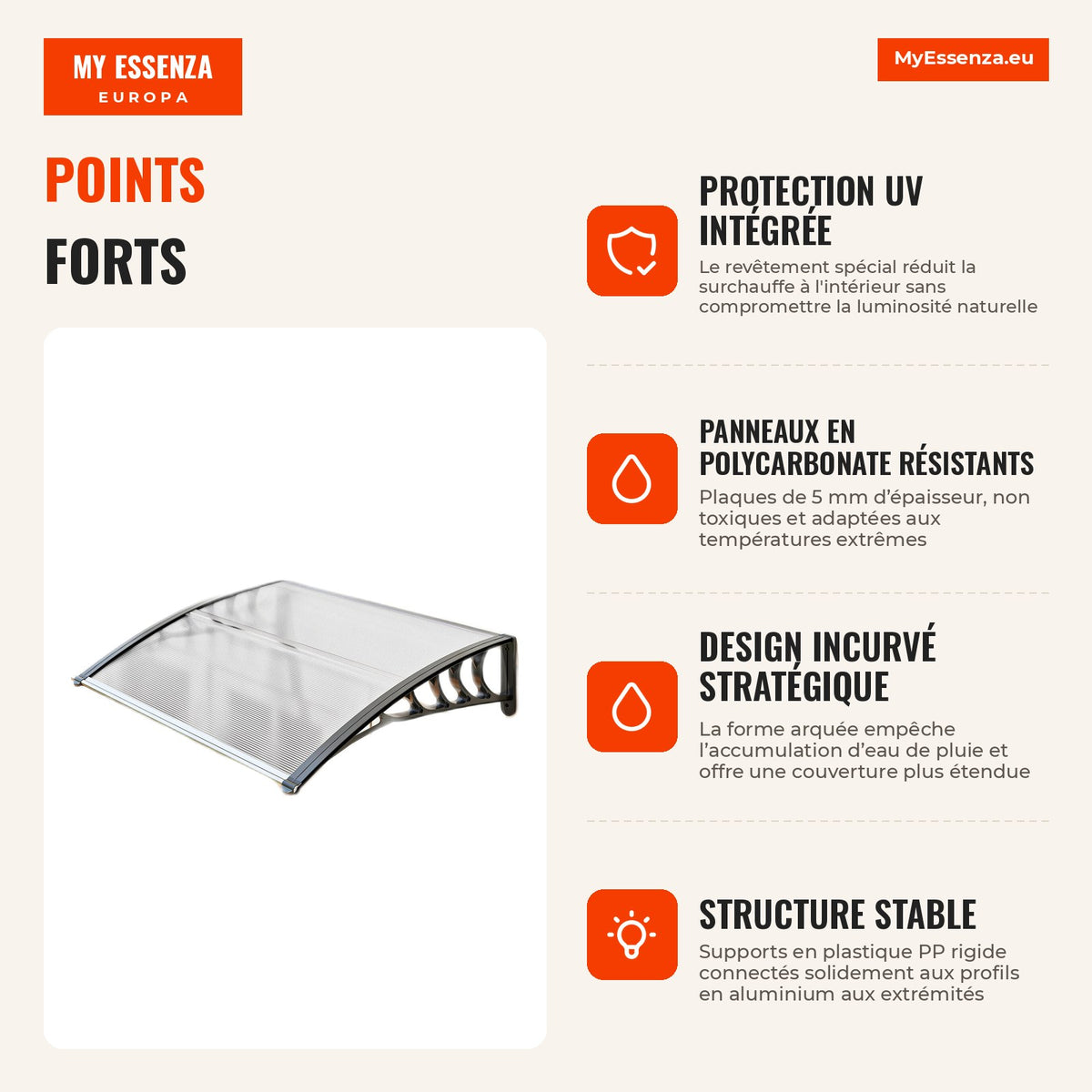 Marquise pour Portes et Fenêtres 295x90 cm Marquise avec Protection Contre le Soleil et la Pluie avec Panneaux en Polyca — Infografia FR (vantagens)