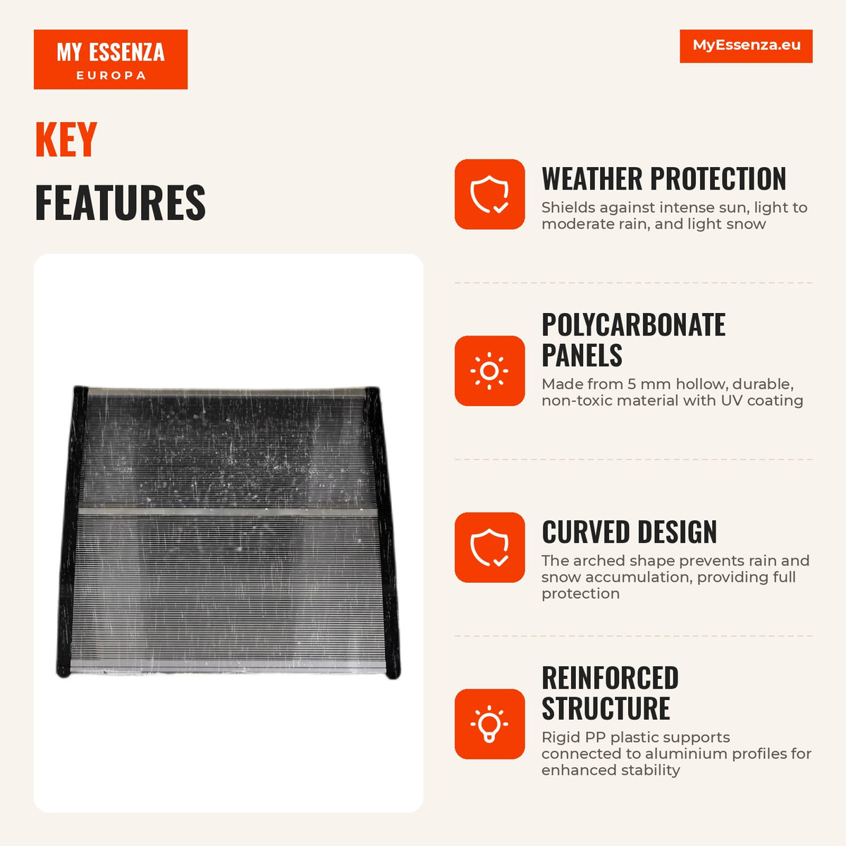 Door and Window Protective Canopy 103x96.5 cm Sun and Rain Protection with Polycarbonate Panels and Transparent Aluminiu — Infografia EN (vantagens)