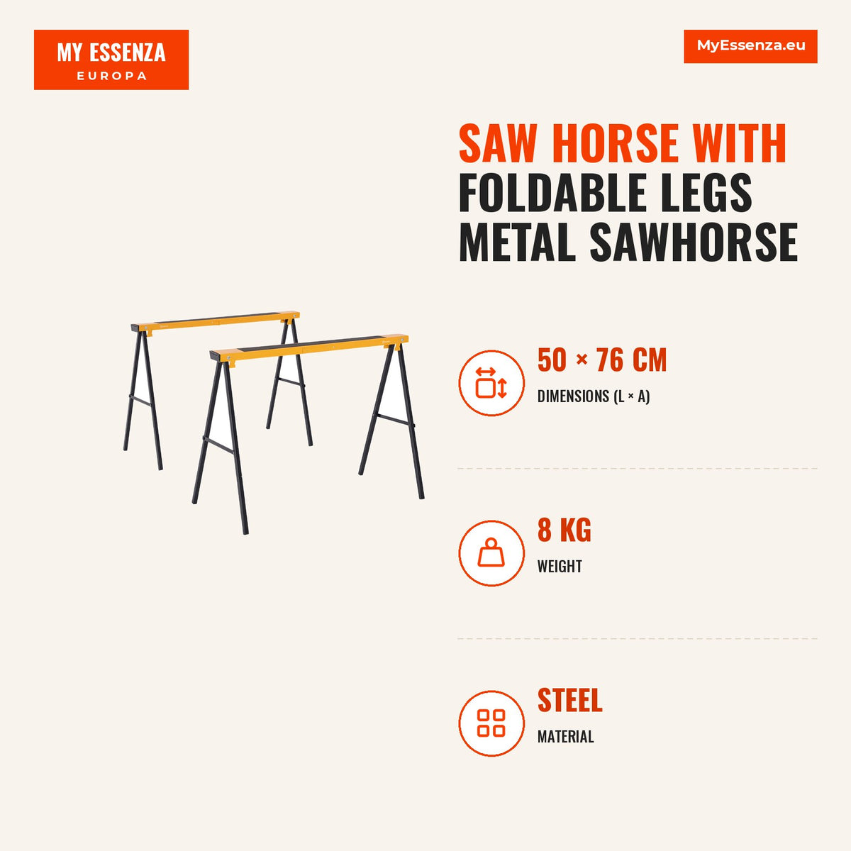 Saw Horse with Foldable Legs Metal Sawhorse 2 Pieces with Handle Non-Slip Mat Max 125 kg Steel — Infografia EN (medidas)