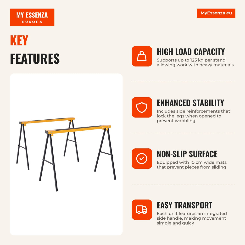 Saw Horse with Foldable Legs Metal Sawhorse 2 Pieces with Handle Non-Slip Mat Max 125 kg Steel — Infografia EN (vantagens)