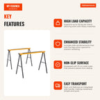 Saw Horse with Foldable Legs Metal Sawhorse 2 Pieces with Handle Non-Slip Mat Max 125 kg Steel — Infografia EN (vantagens)