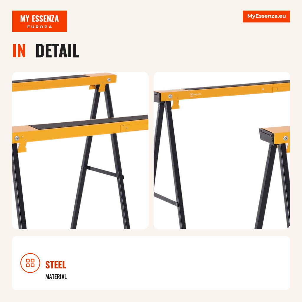 Saw Horse with Foldable Legs Metal Sawhorse 2 Pieces with Handle Non-Slip Mat Max 125 kg Steel — Infografia EN (detalhe)