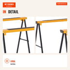 Saw Horse with Foldable Legs Metal Sawhorse 2 Pieces with Handle Non-Slip Mat Max 125 kg Steel — Infografia EN (detalhe)