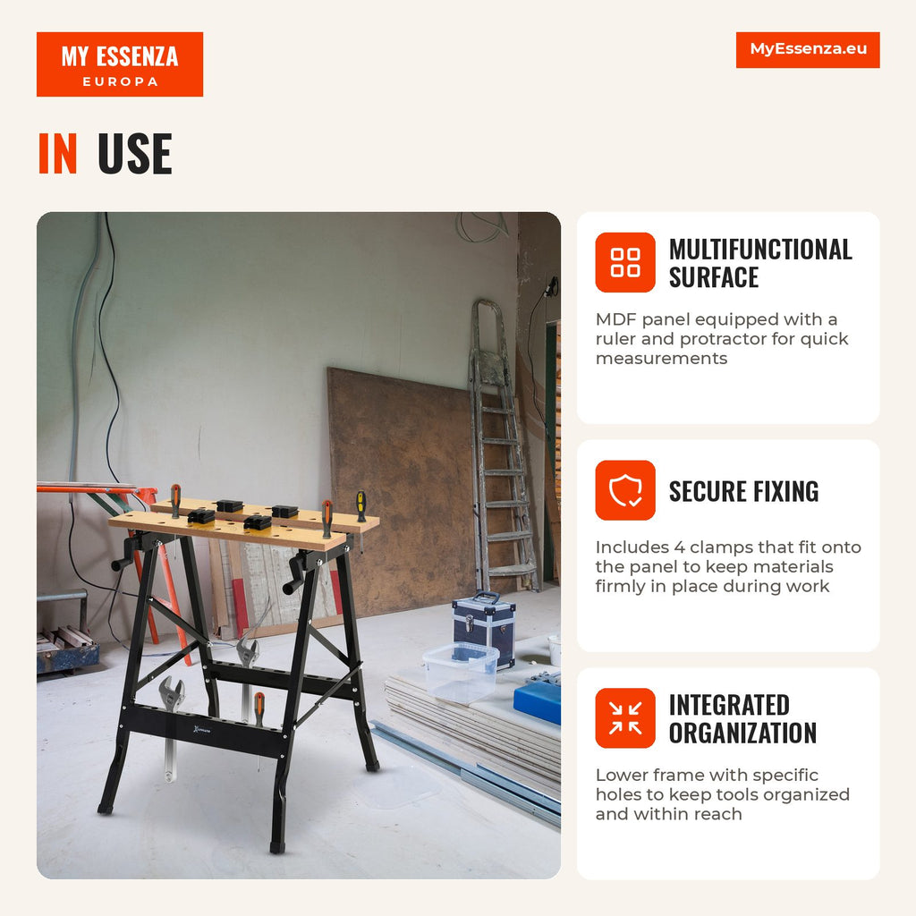 Amazonas: Banco de trabajo plegable Mesa portátil con 4 sargentos Agujeros para sierra Uso doméstico Soporte para MDF 70 — Infografia EN (em utilização)