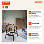 Amazonas: Banco de trabajo plegable Mesa portátil con 4 sargentos Agujeros para sierra Uso doméstico Soporte para MDF 70 — Infografia EN (em utilização)