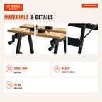Amazonas: Banco de trabajo plegable Mesa portátil con 4 sargentos Agujeros para sierra Uso doméstico Soporte para MDF 70 — Infografia EN (materiais e detalhes)