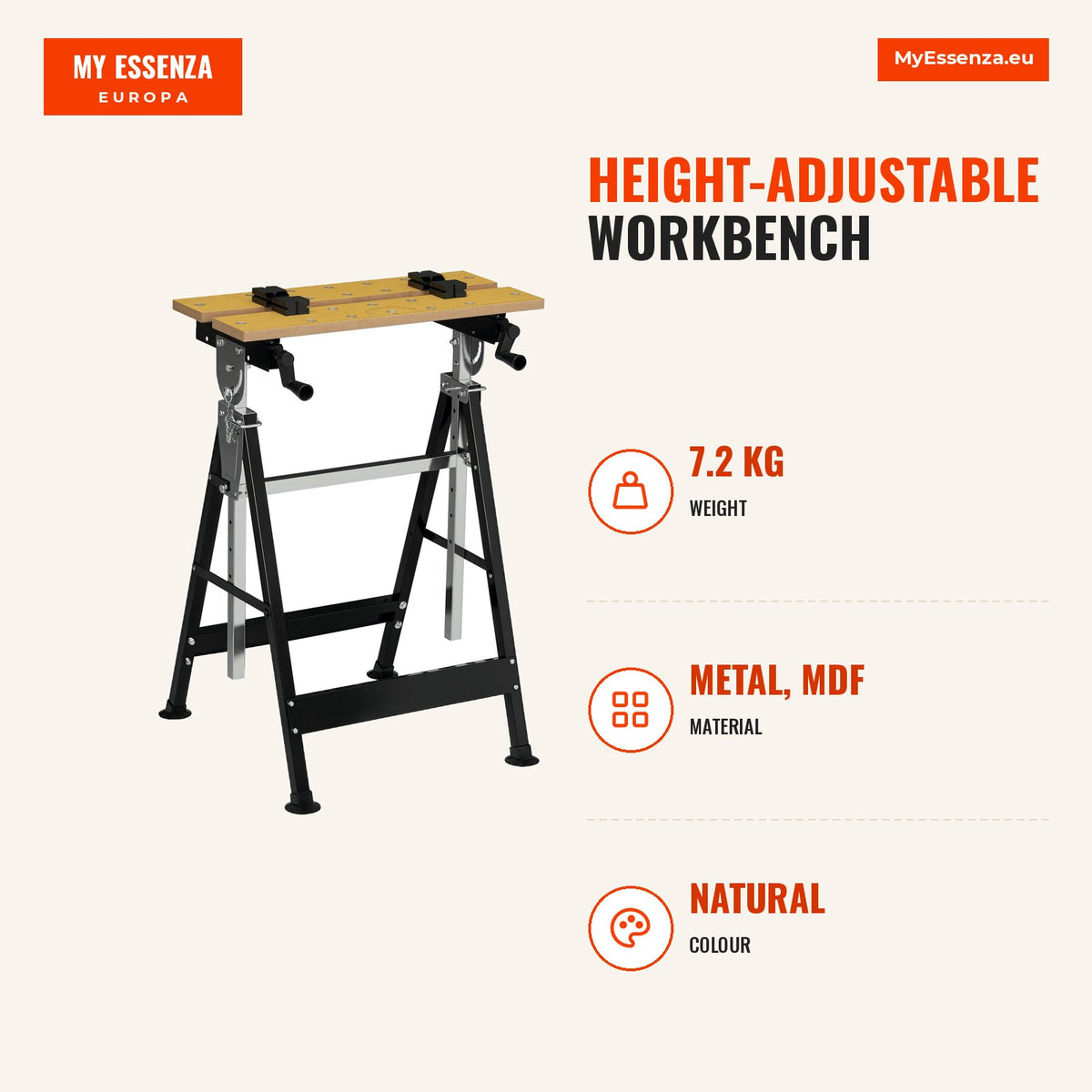 Height-adjustable workbench with 4 swivel pins 65x60.5x85-110 cm natural wood and black — Infografia EN (medidas)