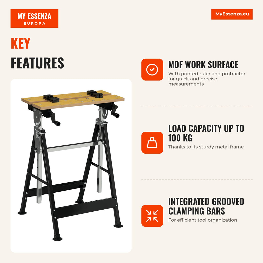 Height-adjustable workbench with 4 swivel pins 65x60.5x85-110 cm natural wood and black — Infografia EN (vantagens)