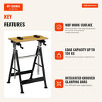 Height-adjustable workbench with 4 swivel pins 65x60.5x85-110 cm natural wood and black — Infografia EN (vantagens)