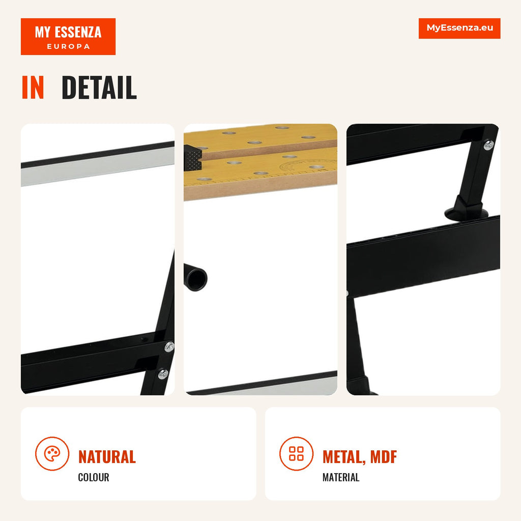 Height-adjustable workbench with 4 swivel pins 65x60.5x85-110 cm natural wood and black — Infografia EN (detalhe)