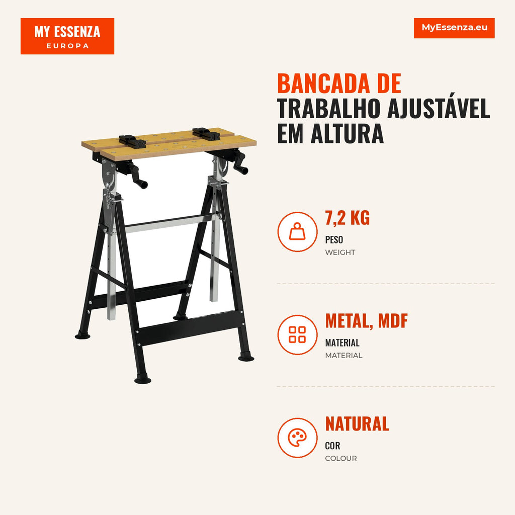 Height-adjustable workbench with 4 swivel pins 65x60.5x85-110 cm natural wood and black — Infografia PT (medidas)