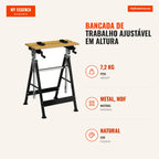 Height-adjustable workbench with 4 swivel pins 65x60.5x85-110 cm natural wood and black — Infografia PT (medidas)