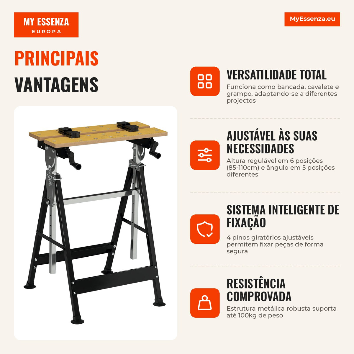 Height-adjustable workbench with 4 swivel pins 65x60.5x85-110 cm natural wood and black — Infografia PT (vantagens)