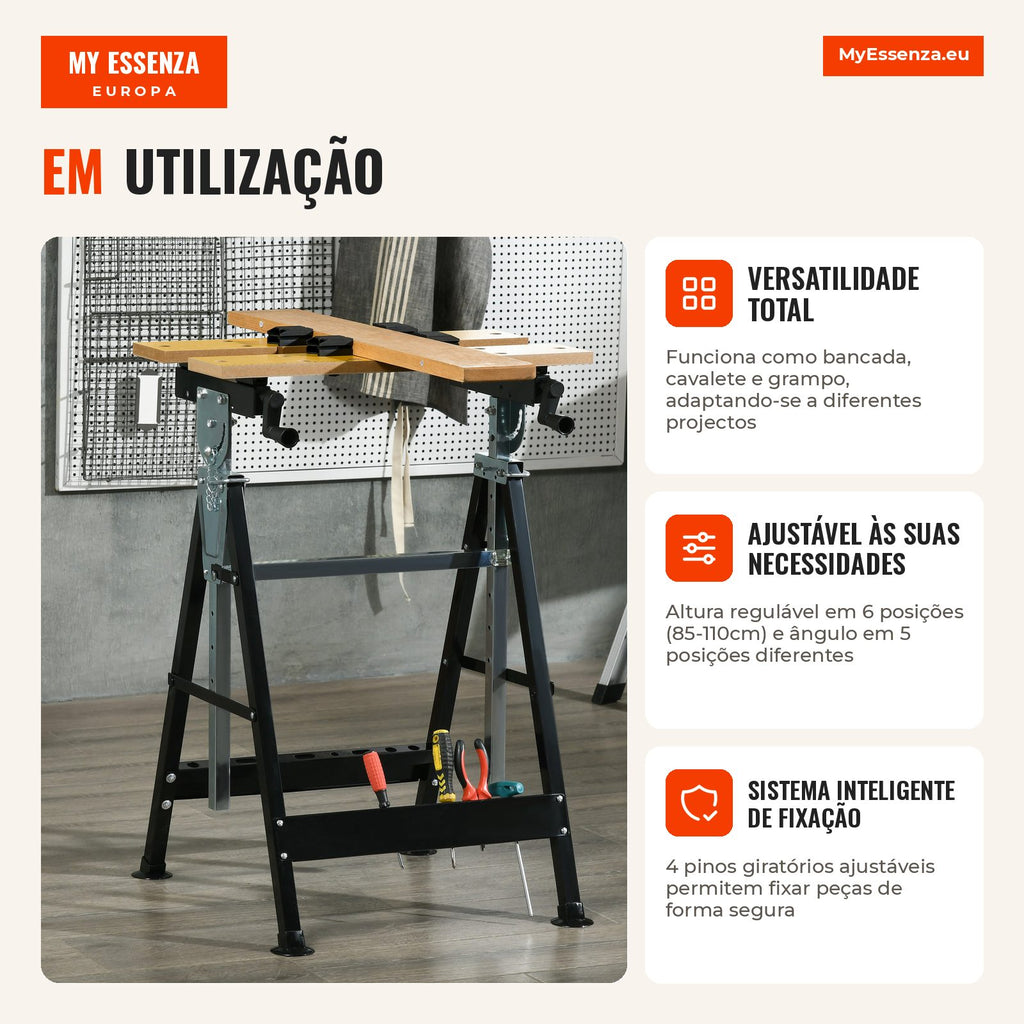 Height-adjustable workbench with 4 swivel pins 65x60.5x85-110 cm natural wood and black — Infografia PT (em utilização)