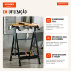Height-adjustable workbench with 4 swivel pins 65x60.5x85-110 cm natural wood and black — Infografia PT (em utilização)