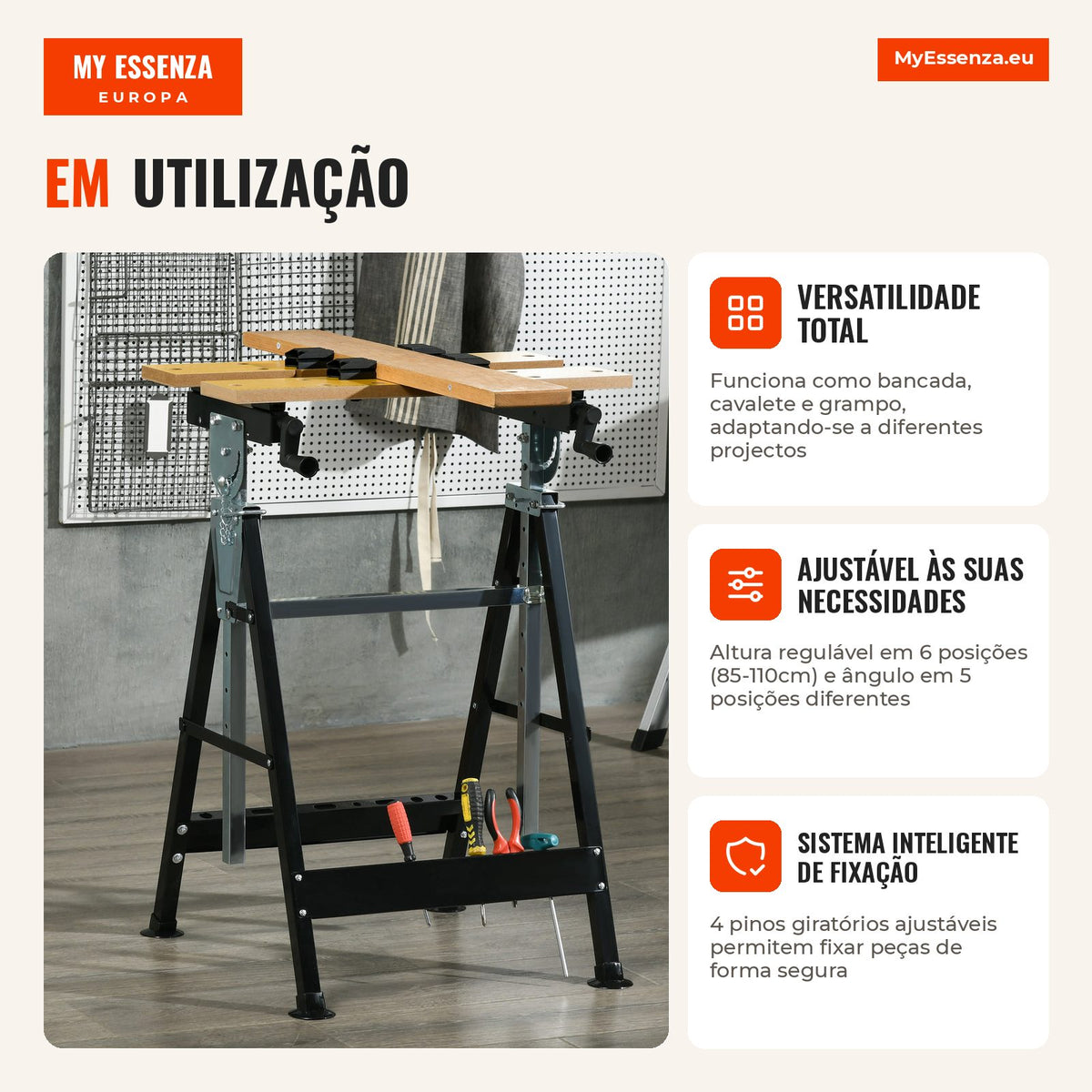 Height-adjustable workbench with 4 swivel pins 65x60.5x85-110 cm natural wood and black — Infografia PT (em utilização)