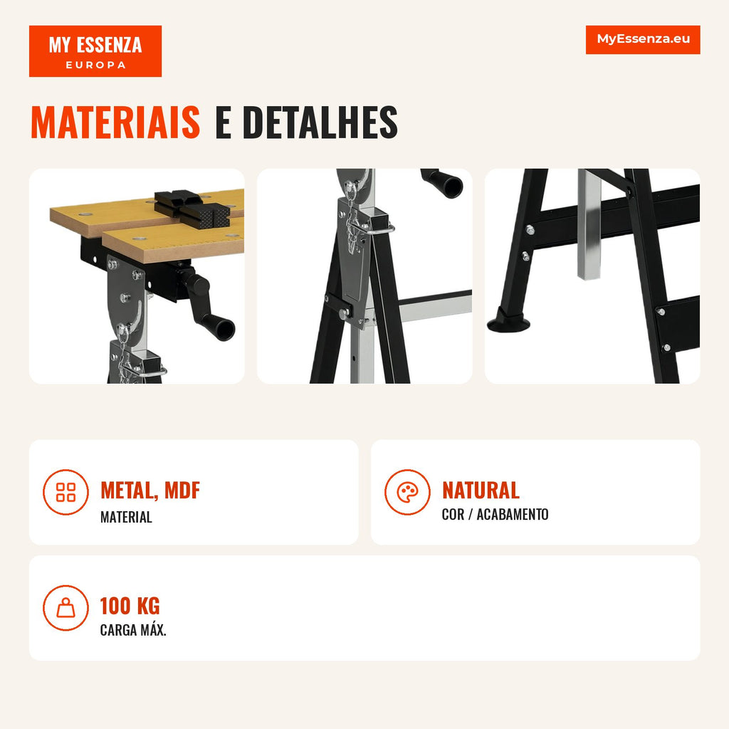 Height-adjustable workbench with 4 swivel pins 65x60.5x85-110 cm natural wood and black — Infografia PT (materiais e detalhes)