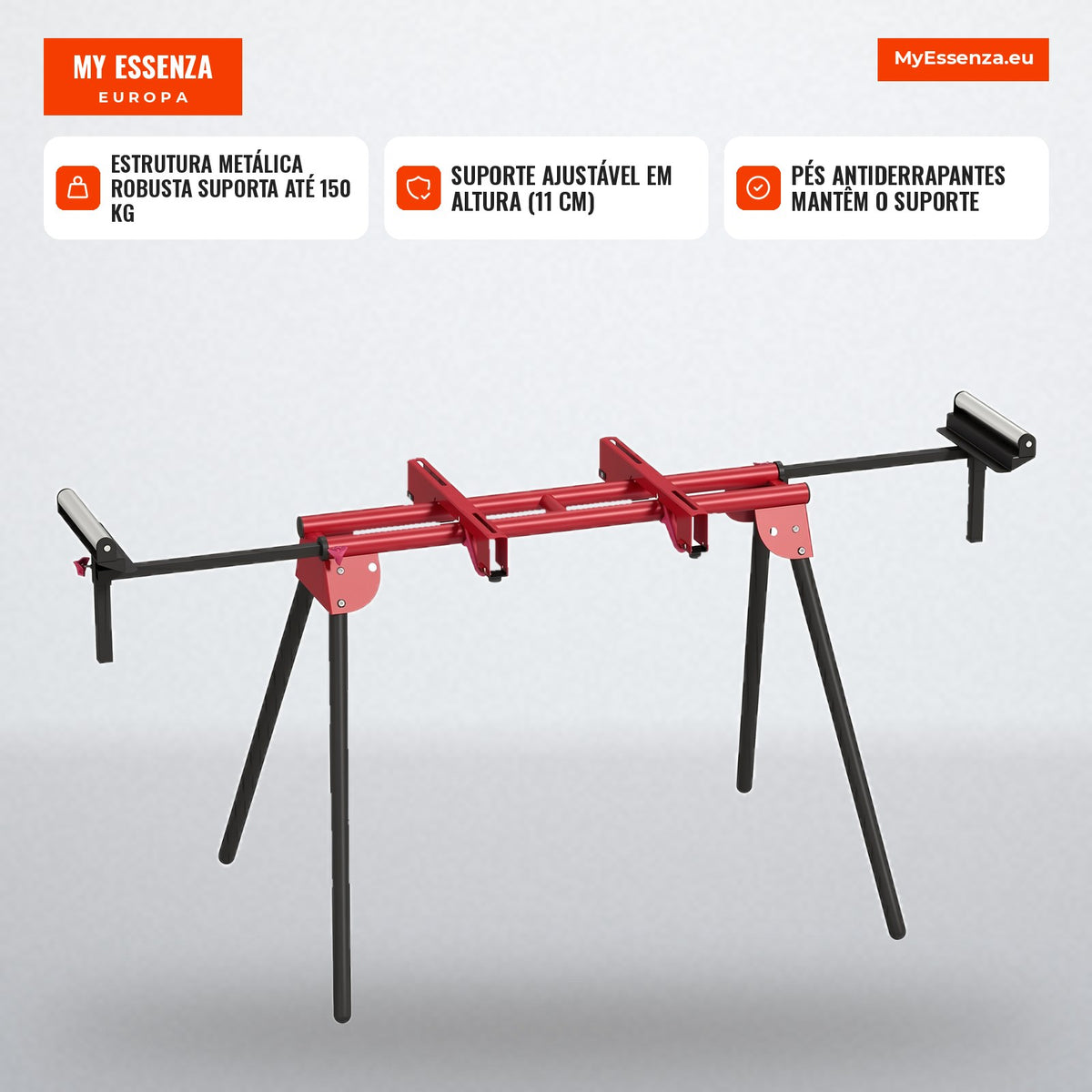 Suporte universal para serra de esquadria com rolos extensíveis e braços de apoio, suporte de serra portátil com pernas  — Infografia PT (em uso)
