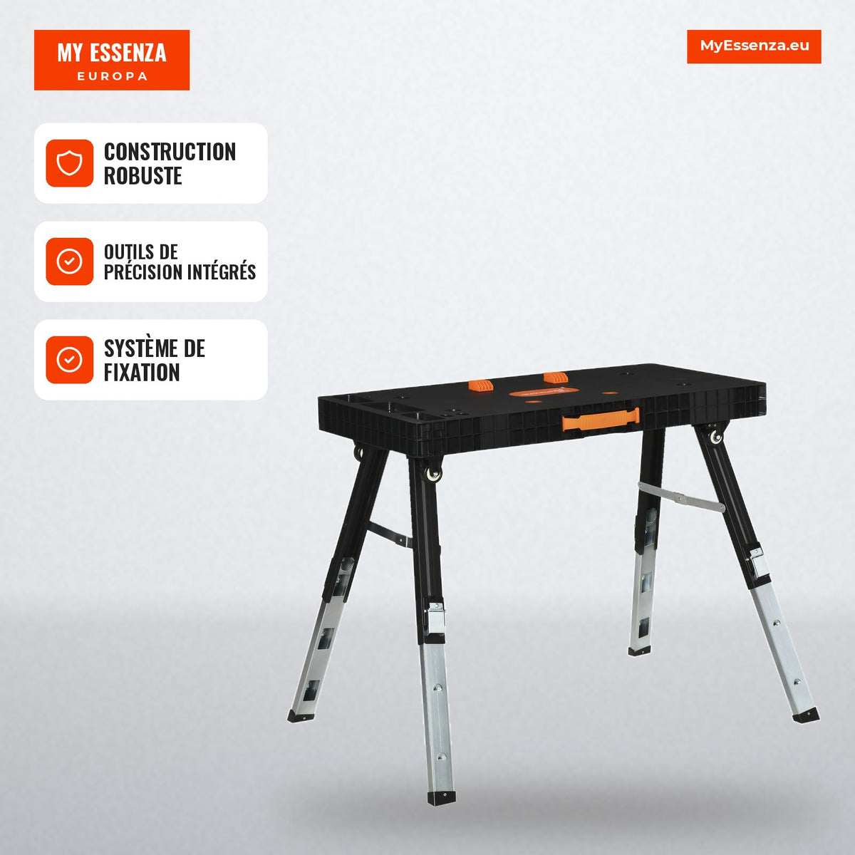 5-in-1 Workbench Adjustable Height Table with 2 Levels Retractable Legs 4 Wheels 150kg Load Workshop Garage 105x74x80cm  — Infografia FR (em uso)