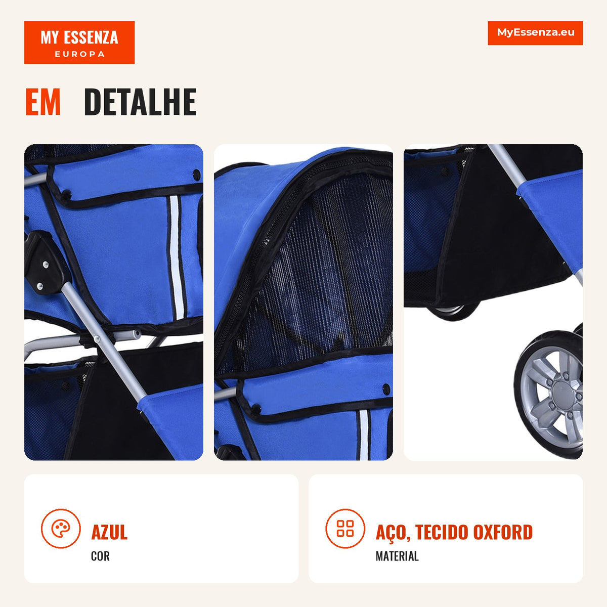 Foldable Dog Stroller for Small Dogs with Storage Basket, Mesh Windows, Cup Holders, EVA Wheels, Washable Cushion, Brake — Infografia PT (detalhe)