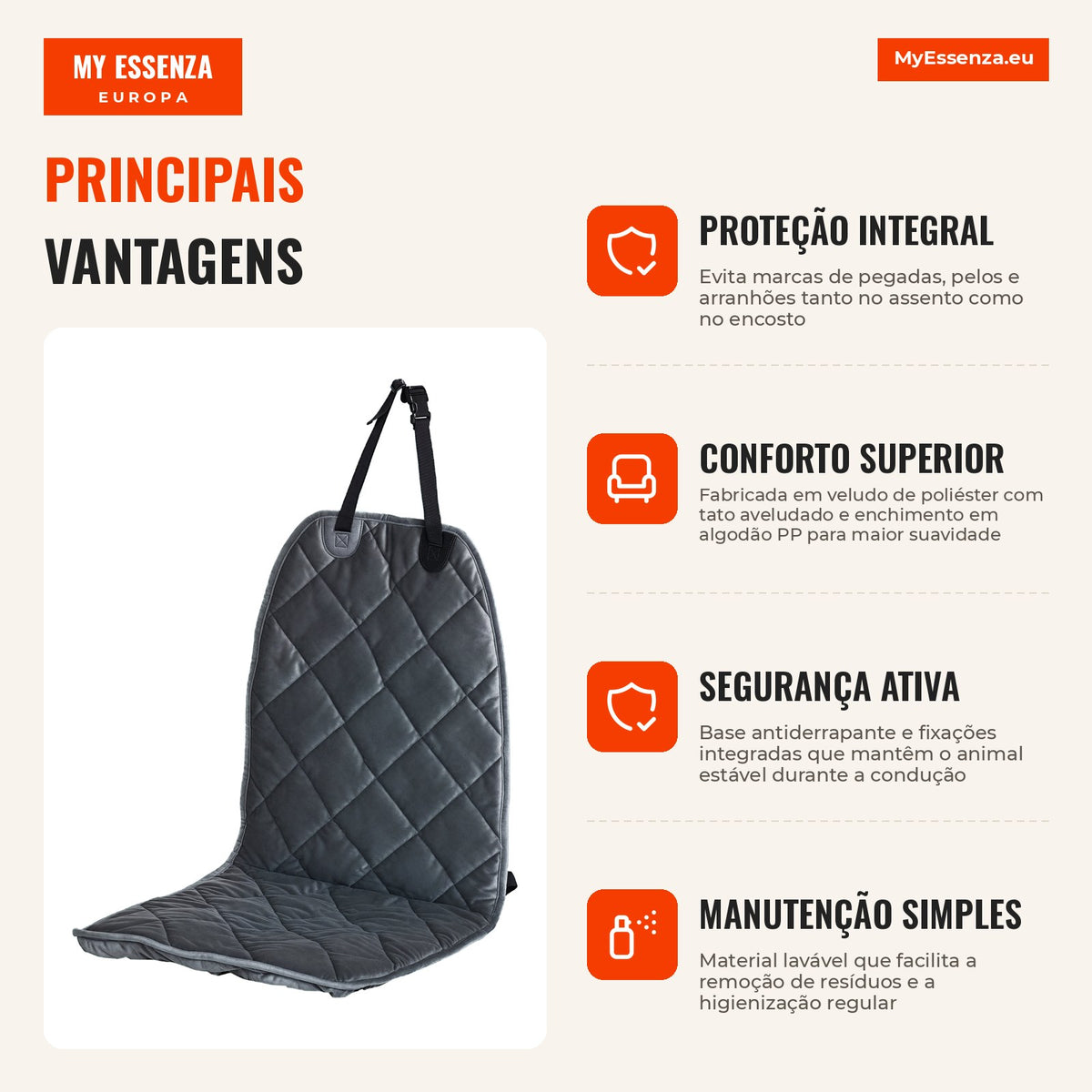 Front Car Seat Cover for Dogs Non-Slip Protector with Fixings and Wrap Strap 105x46cm Grey — Infografia PT (vantagens)