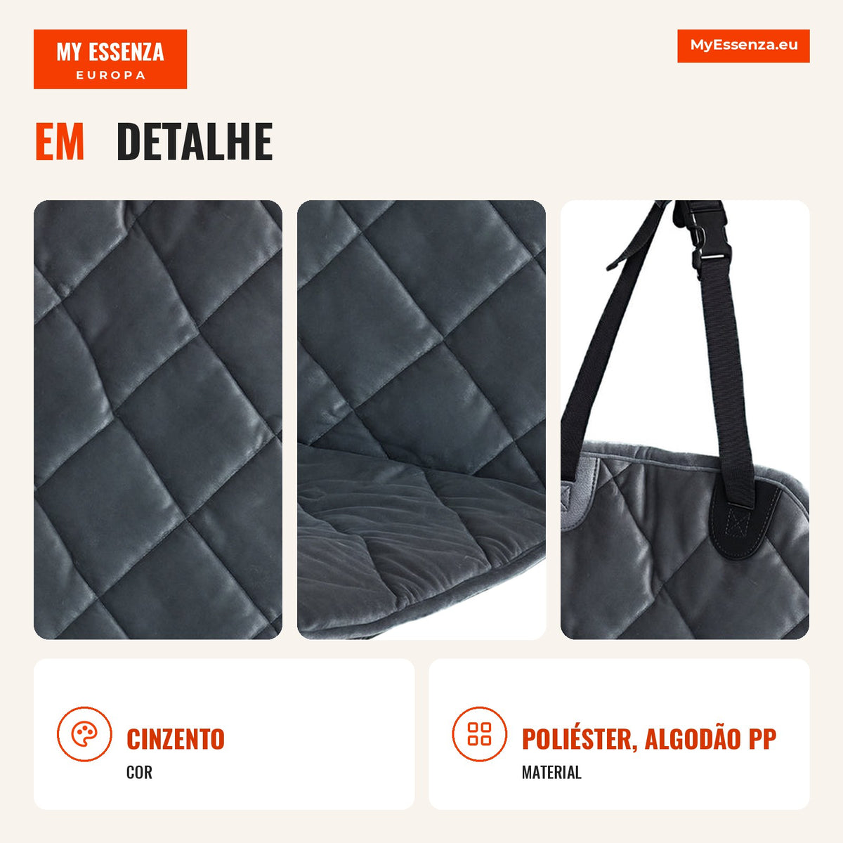 Front Car Seat Cover for Dogs Non-Slip Protector with Fixings and Wrap Strap 105x46cm Grey — Infografia PT (detalhe)