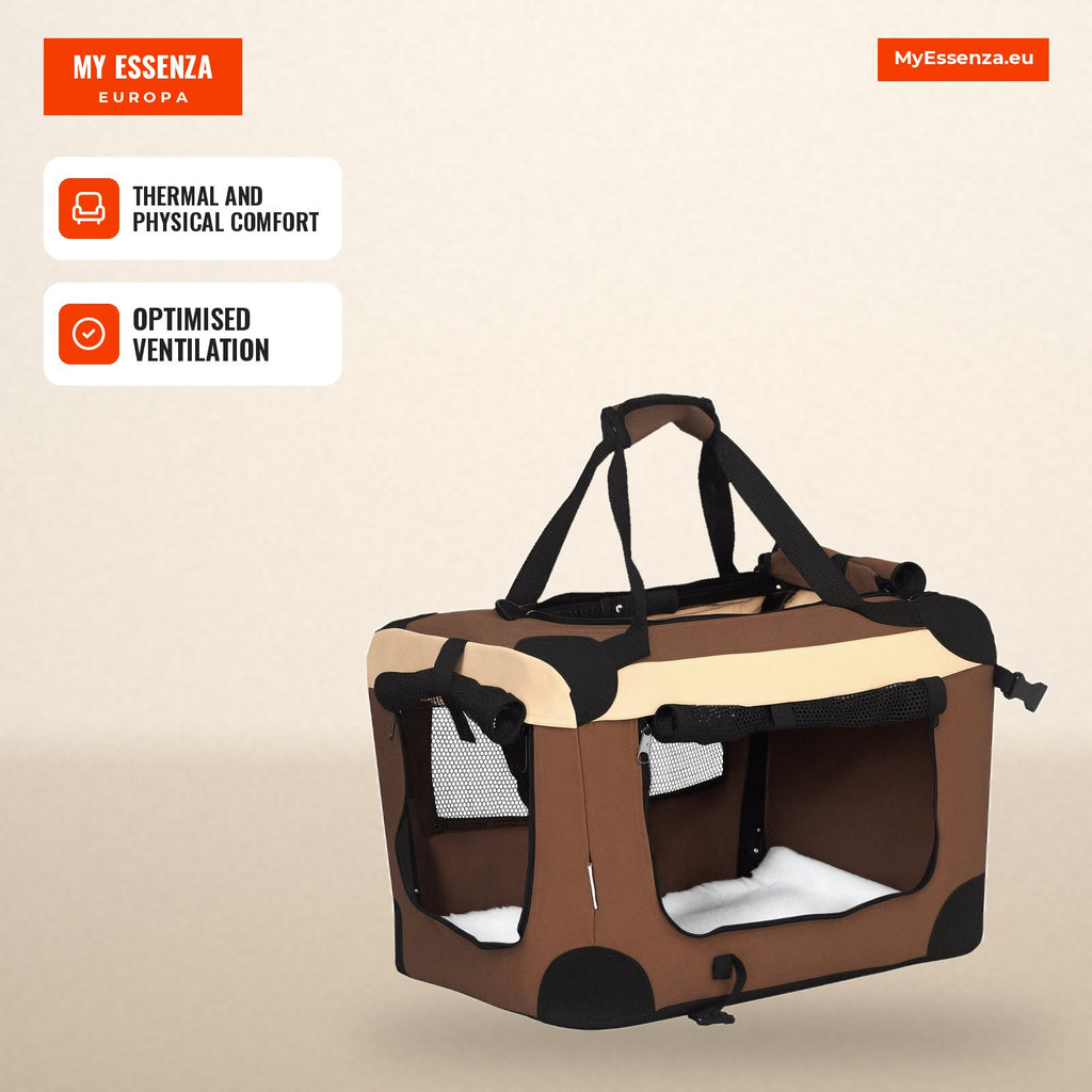 Foldable Pet Carrier Bag for Dogs and Cats with Soft Cushion and 2 Shoulder Straps for Car Plane Travel 50.5x33.5x35cm B — Infografia EN (em uso)