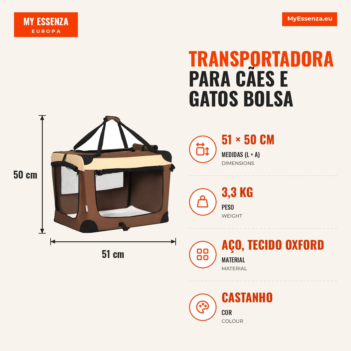 Transportadora para Cães e Gatos Bolsa de Transporte Animais de Estimação Dobrável com Almofada Suave e 2 Correias de Om — Infografia PT (medidas)