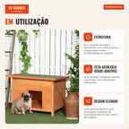 Casa para Cães de Madeira Casa para Animais de Estimação Elevada com Teto Asfáltico Abatível Impermeável e 4 Almofadas A — Infografia PT (em utilização)