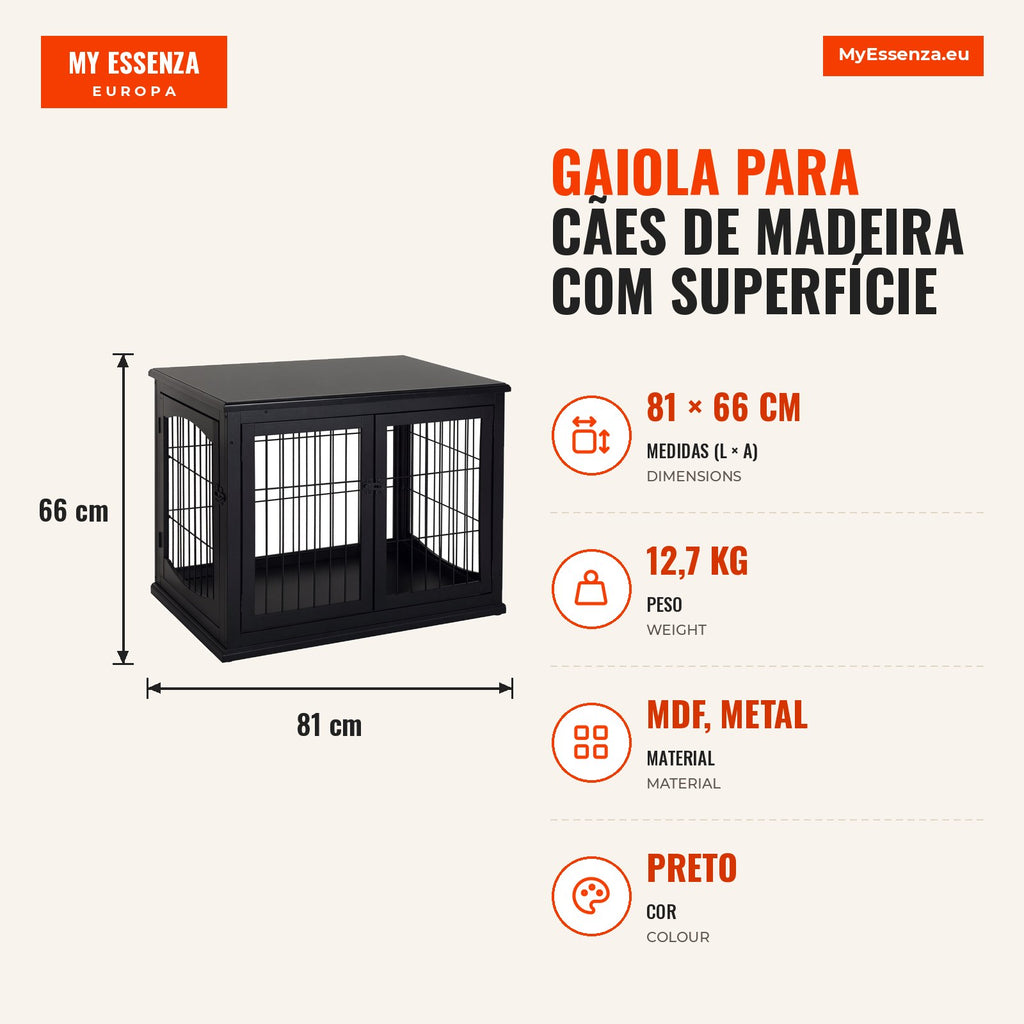 Wooden Dog Crate with Table Surface 2 Doors and Metal Bars 81x58.5x66cm Black — Infografia PT (medidas)
