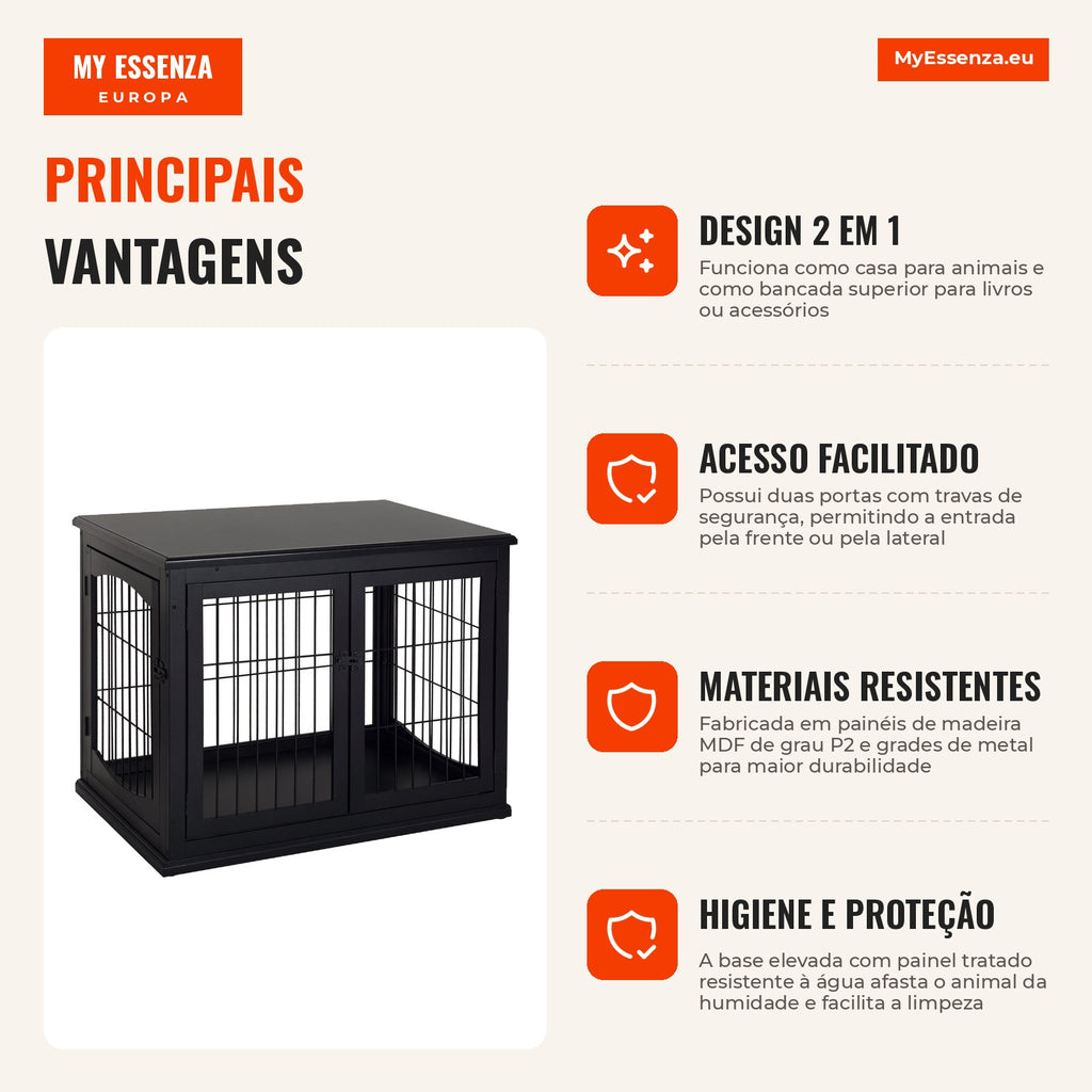 Wooden Dog Crate with Table Surface 2 Doors and Metal Bars 81x58.5x66cm Black — Infografia PT (vantagens)
