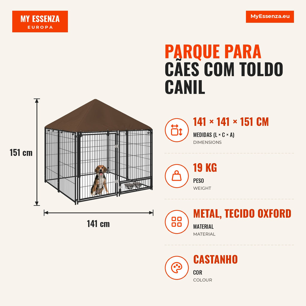 Dog Playpen with Canopy Outdoor Kennel with Rotating Food Holder 2 Bowls Included 141x141x151 cm Black Brown — Infografia PT (medidas)