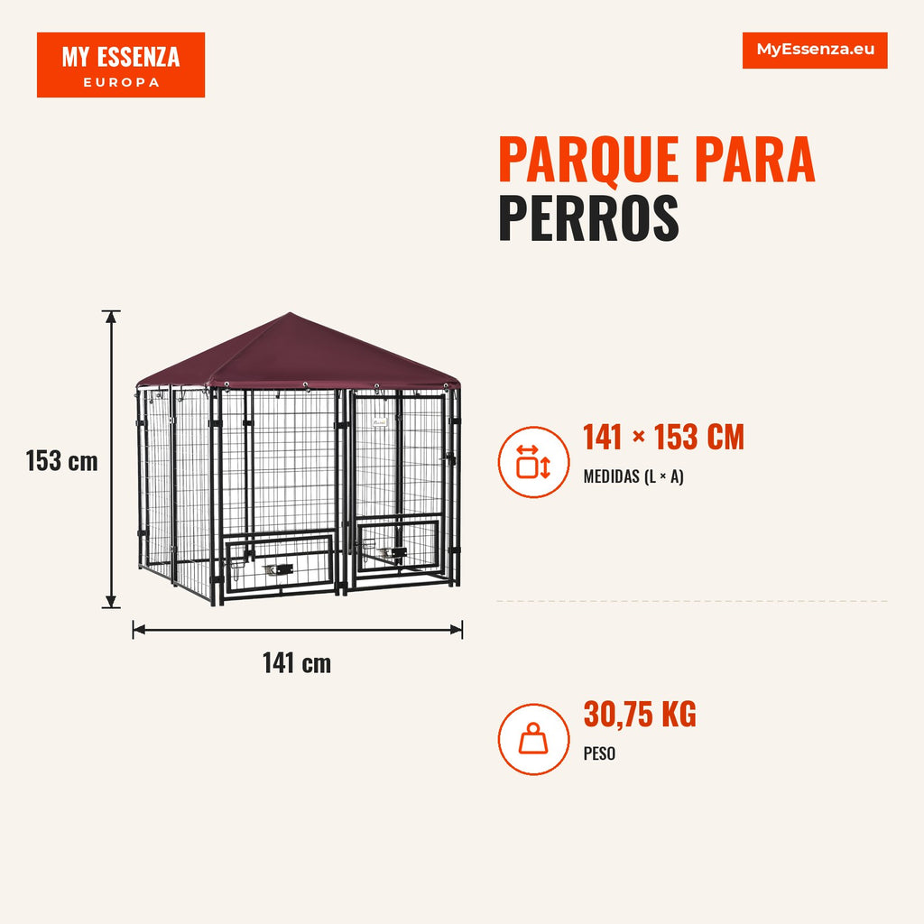 Dog Playpen with 8 Panels Outdoor Metal Enclosure with 2 Rotating Food Holders 2 Bowls and Waterproof UV-Resistant Canop — Infografia ES (medidas)