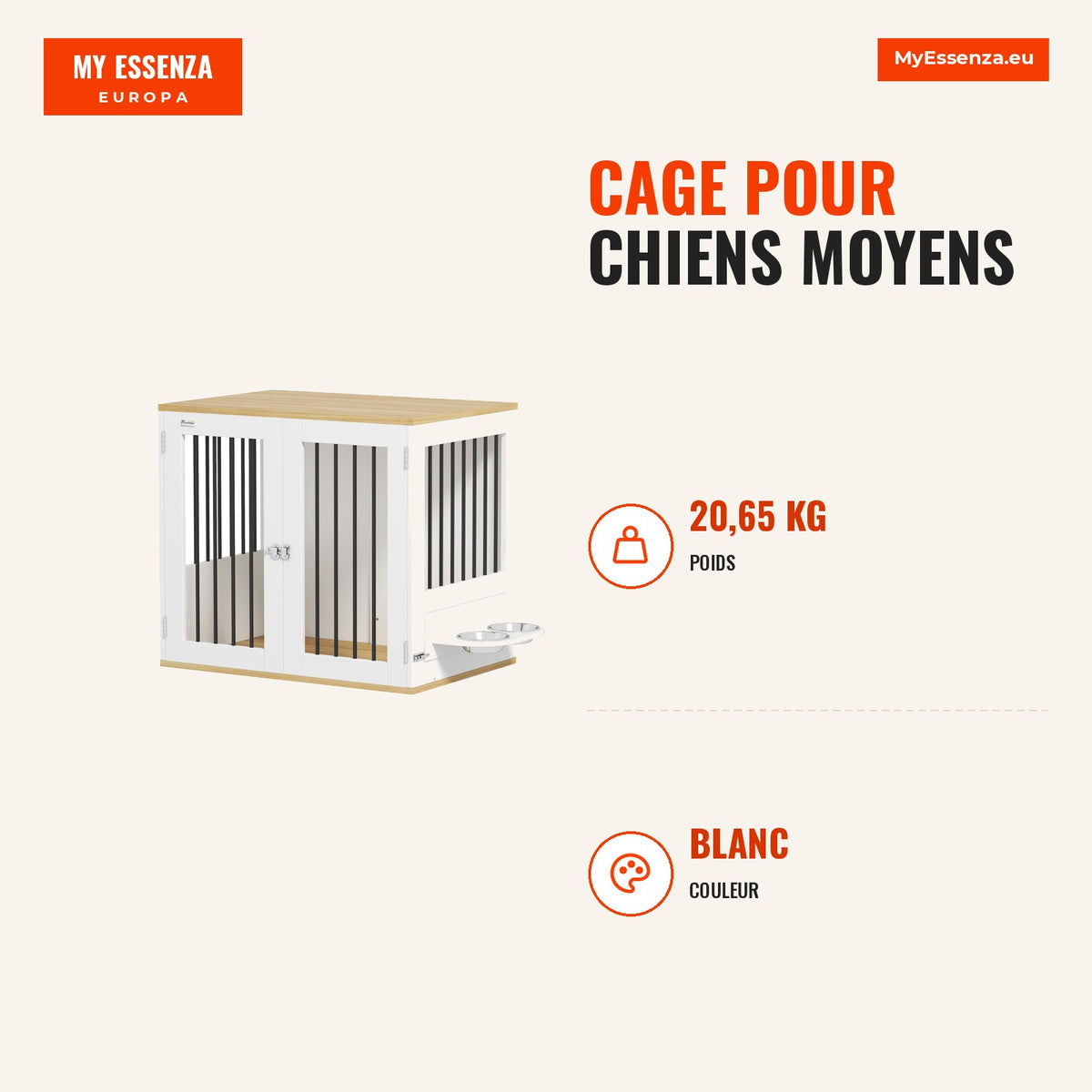 Medium Dog Crate 2 in 1 Side Table with 2 Lockable Doors 360° Rotating Feeder 2 Bowls and Non-Slip Pads 80x55x71.5 cm Wh — Infografia FR (medidas)