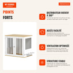 Medium Dog Crate 2 in 1 Side Table with 2 Lockable Doors 360° Rotating Feeder 2 Bowls and Non-Slip Pads 80x55x71.5 cm Wh — Infografia FR (vantagens)
