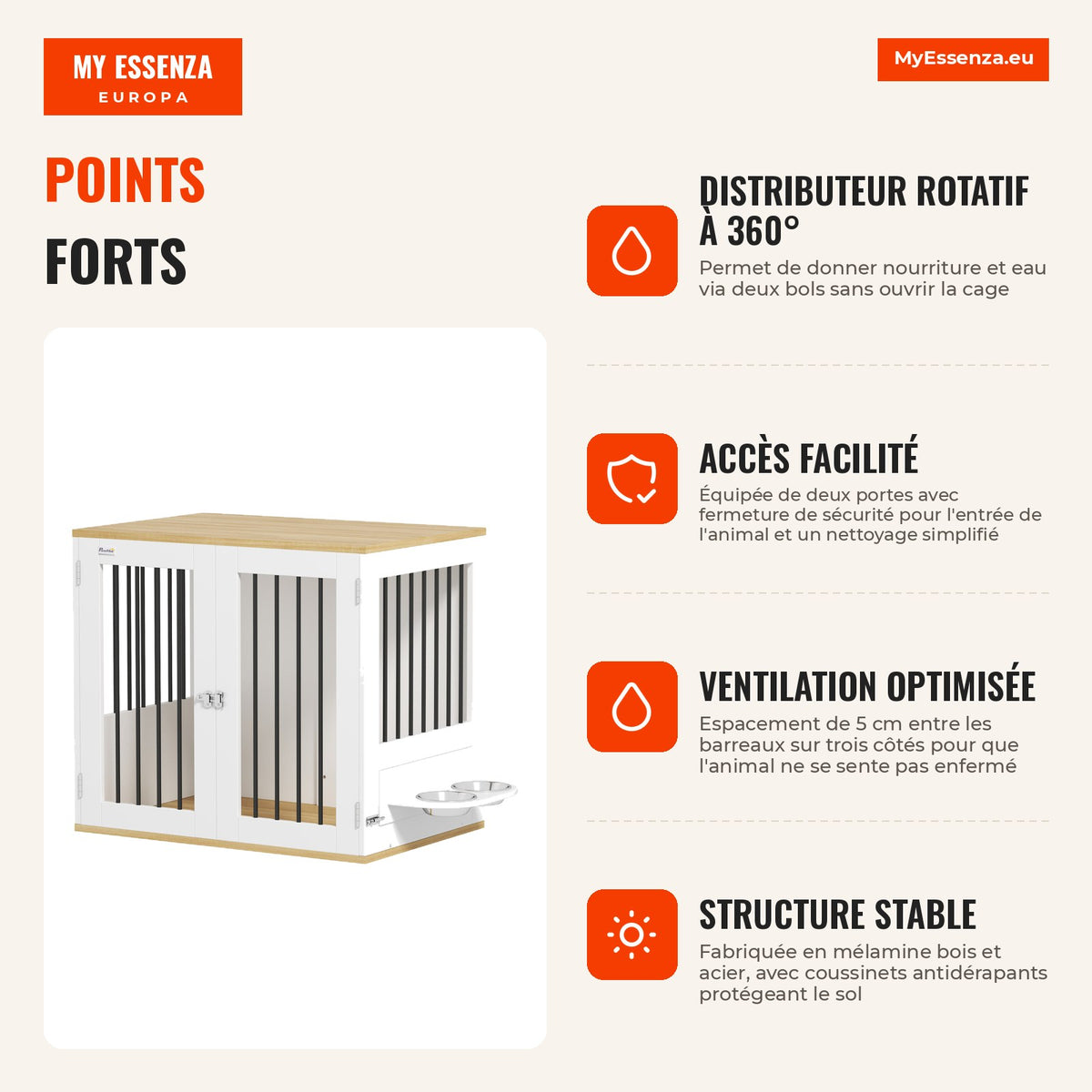 Medium Dog Crate 2 in 1 Side Table with 2 Lockable Doors 360° Rotating Feeder 2 Bowls and Non-Slip Pads 80x55x71.5 cm Wh — Infografia FR (vantagens)