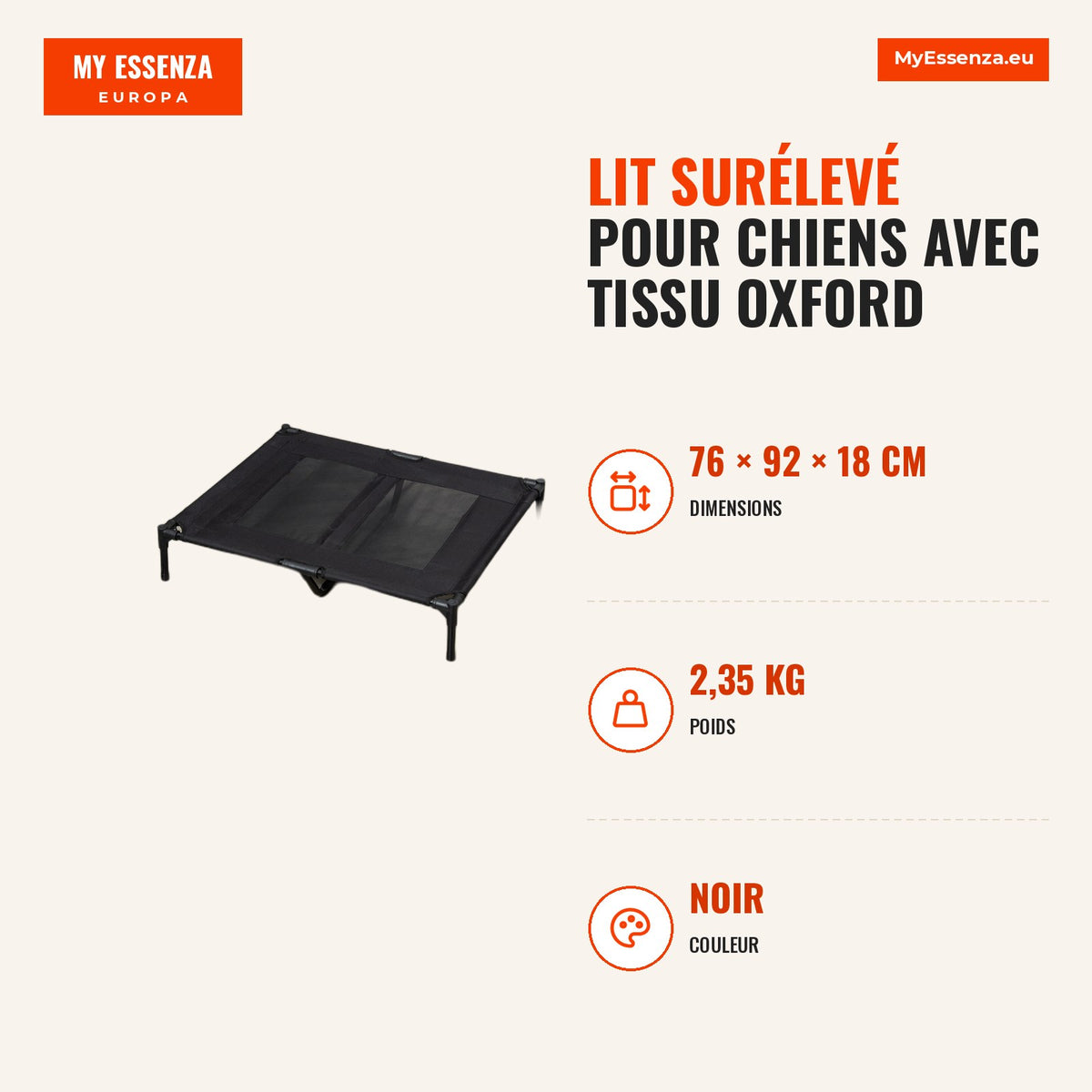 Elevated Dog Bed with Breathable Mesh and Oxford Fabric for Indoor Outdoor 92x76x18 cm Black — Infografia FR (medidas)