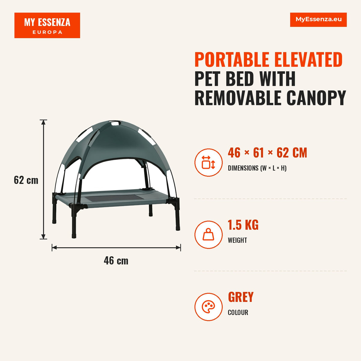 Portable Elevated Pet Bed with Removable Canopy Breathable Fabric 61x46x62 cm Grey — Infografia EN (medidas)