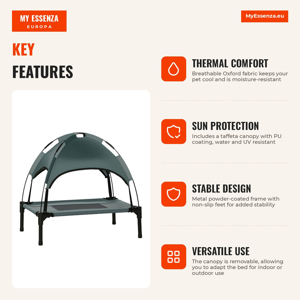 Portable Elevated Pet Bed with Removable Canopy Breathable Fabric 61x46x62 cm Grey — Infografia EN (vantagens)