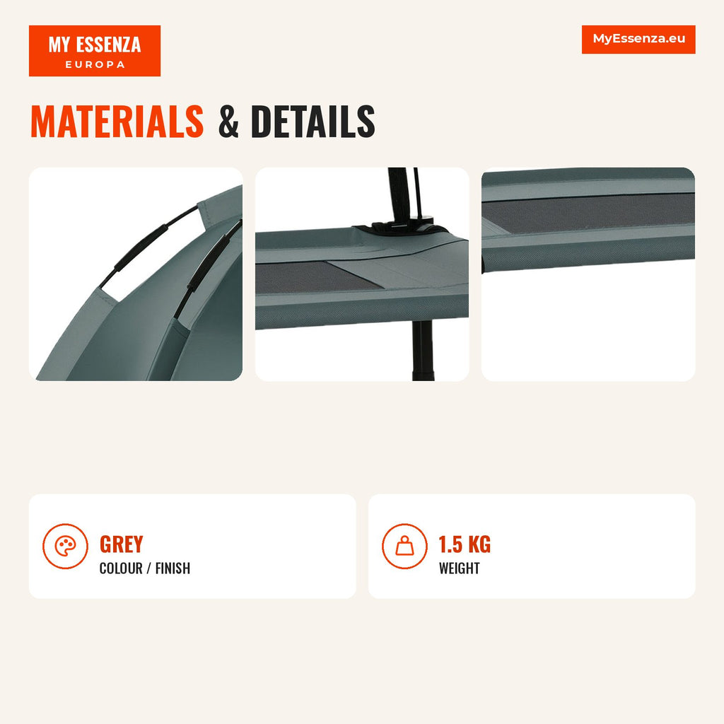 Portable Elevated Pet Bed with Removable Canopy Breathable Fabric 61x46x62 cm Grey — Infografia EN (materiais e detalhes)