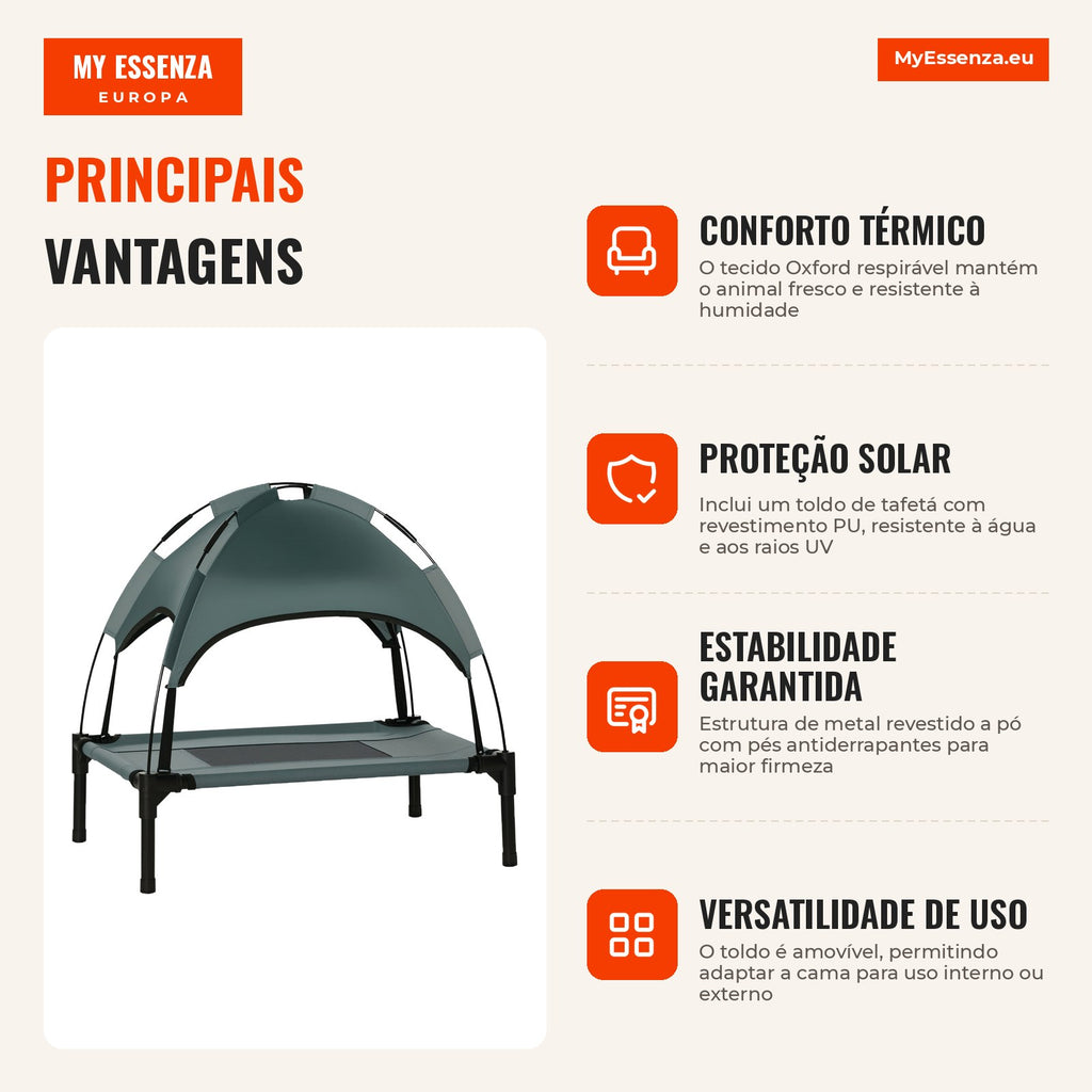 Portable Elevated Pet Bed with Removable Canopy Breathable Fabric 61x46x62 cm Grey — Infografia PT (vantagens)