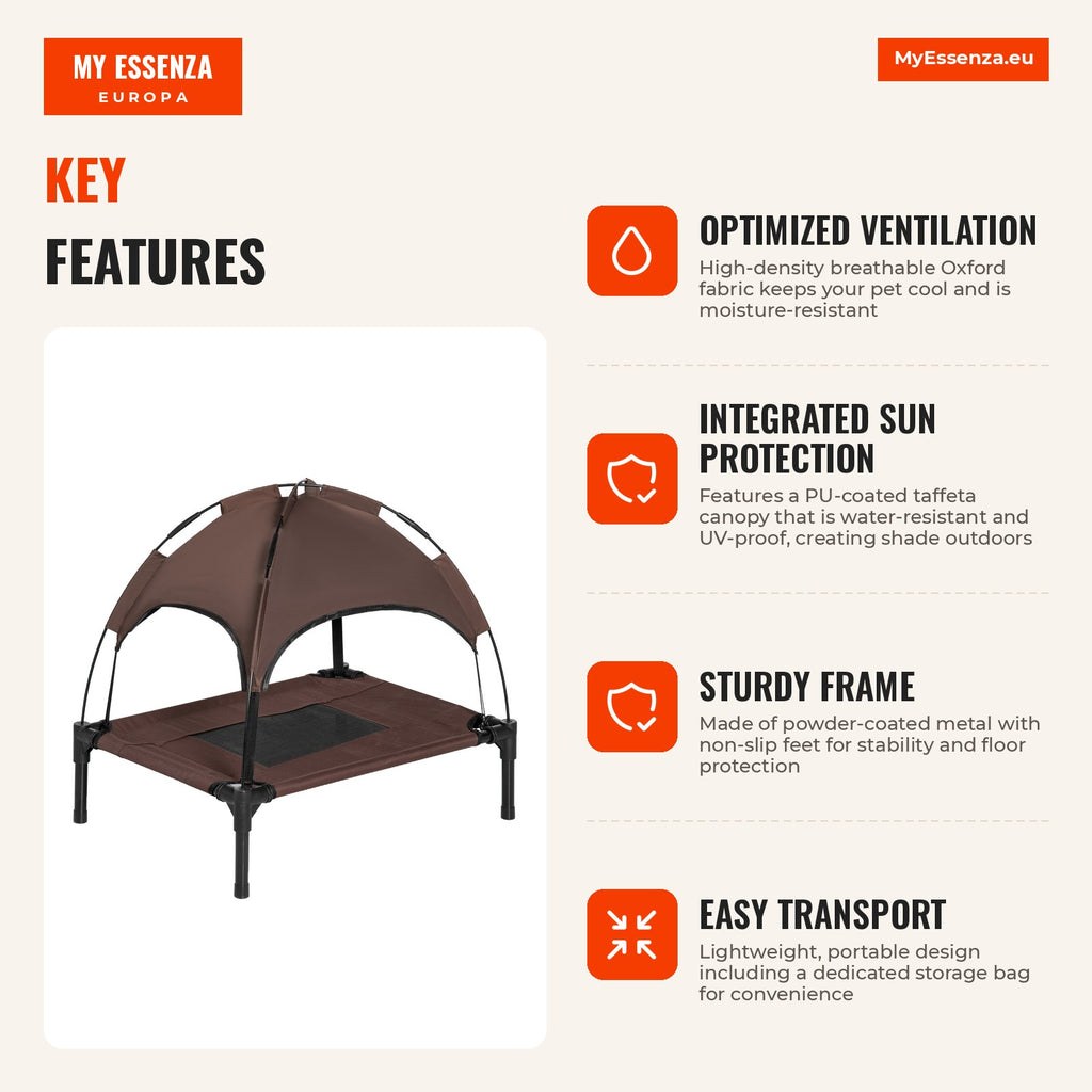 Portable Elevated Pet Bed with Removable Canopy Breathable Fabric for Indoor and Outdoor 61x46x62 cm Brown — Infografia EN (vantagens)